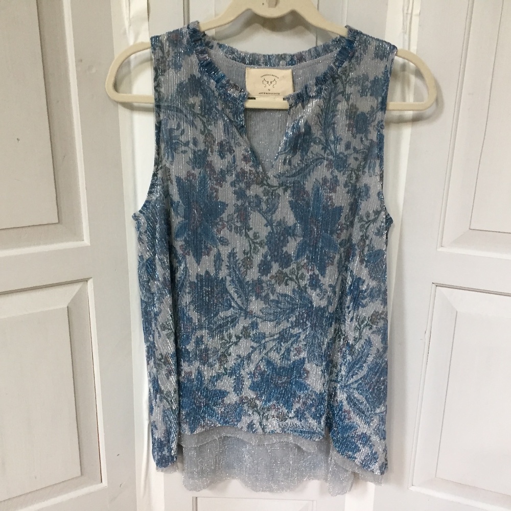 Anthropologie Vanessa Virginia Blue Floral Blouse w/ Metallic Detail